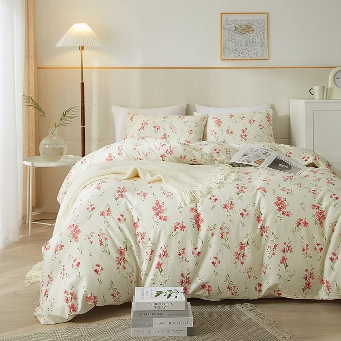 mixinni Boho Red Floral Girl Duvet Cover Set, Soft Cotton King Size 3-Piece - Image 3