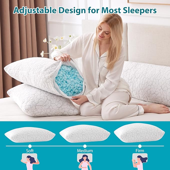 Cooling Pillows for Sleeping 2 Pack, King Size Adjustable Shredded Memory Foam - Image 3