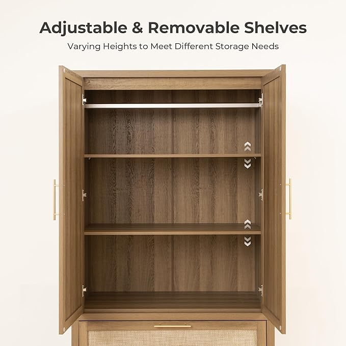 SICOTAS Rattan Armoire Wardrobe Closet Cabinet, 71" Tall Wardrobe Storage Cabinet with 2 Drawers and Hanging Rod, Boho Large-Capacity Deep Armoire Clothes Organizer for Bedroom, Cloak Room, Oak