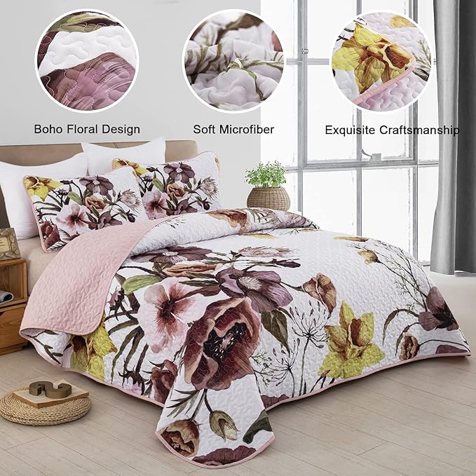 Drucon Floral Quilt Set Queen 3 Pieces Boho Blush Quilt Coverlet Set Soft - Image 2