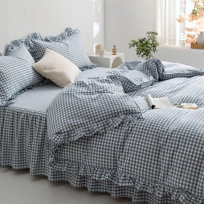 MKXI Blue and White Gingham Duvet Cover Queen Size, 3-Piece Bedding Set - Image 3
