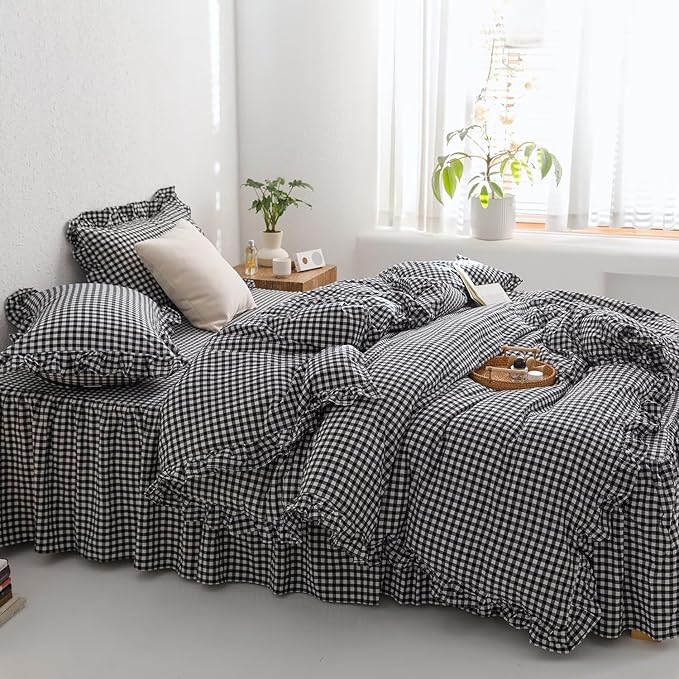 MKXI Black and White Gingham Duvet Cover Twin XL, 3-Piece Ruffled Bedding Set - Image 6