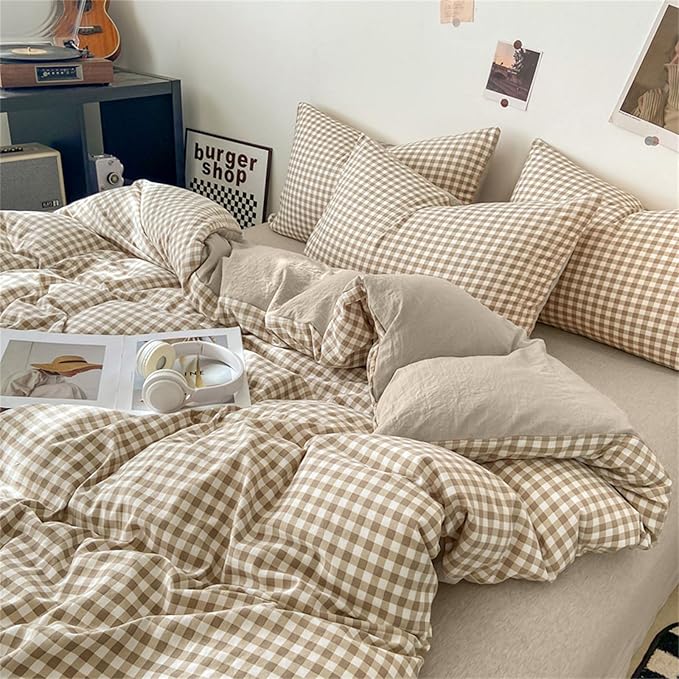 Nayoroom Gingham Duvet Cover Queen Size Brown Tan Plaid Checkered Comforter - Image 3