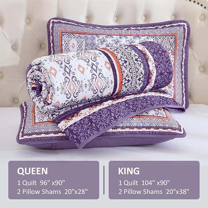 WONGS BEDDING Purle Quilt Set King Size, 3 Pieces Boho Patchwork Bedspread - Image 6