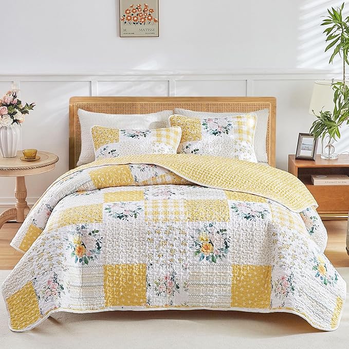 Joyreap 3 Pieces Floral Patchwork Quilt Set King, Soft n Cozy Microfiber Quilt by Joyreap