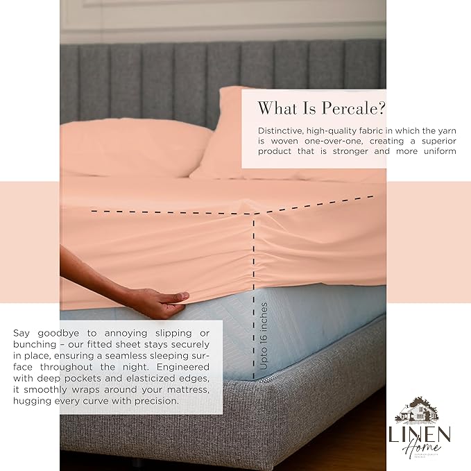 Linen Home 100% Cotton Percale Sheets Twin XL Size, Tropical Peach, Deep Pocket - Image 4