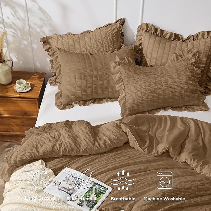 JOLLYVOGUE Twin Size Comforter Set, 2 Pieces Oak Brown Seersucker Lightweight - Image 2
