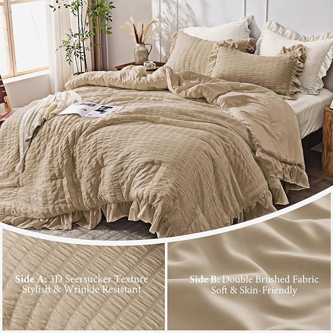 JOLLYVOGUE Queen Comforter Set, 3 Pieces Khaki Seersucker Comforters Queen Size - Image 5