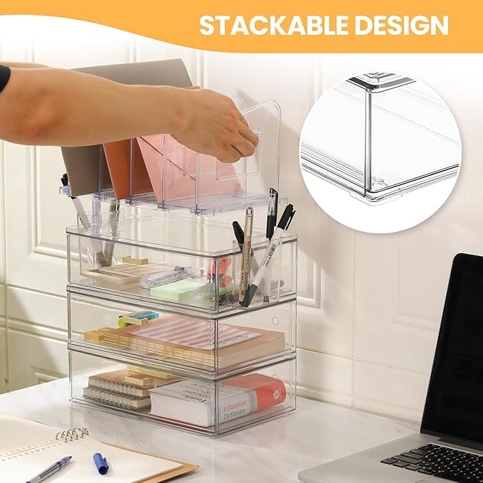 Acrylic Desk Organizer Set, 3 Pack Stackable Desktop Drawer Organizer with 4 Vertical File Holders and 2 Pen Holders, Desk Organizers and Accessories for Home Office Storage-DeskoryOffice