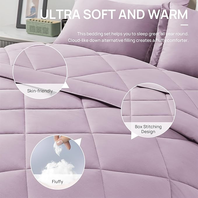 Love's cabin Twin Comforter Set Light Purple, 5 Pieces Twin Bed in a Bag - Image 5