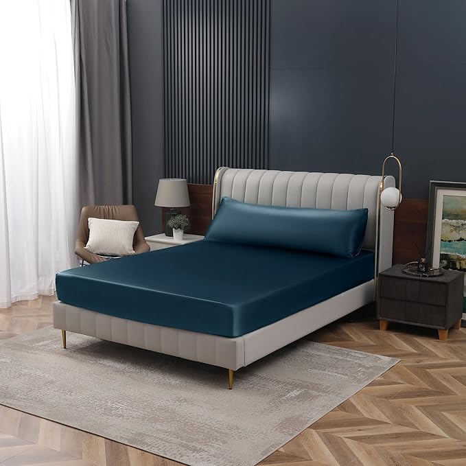 Homiest Deep Sea Blue Satin Fitted Sheet Queen Size, Deep Pocket, Luxury & - Image 7