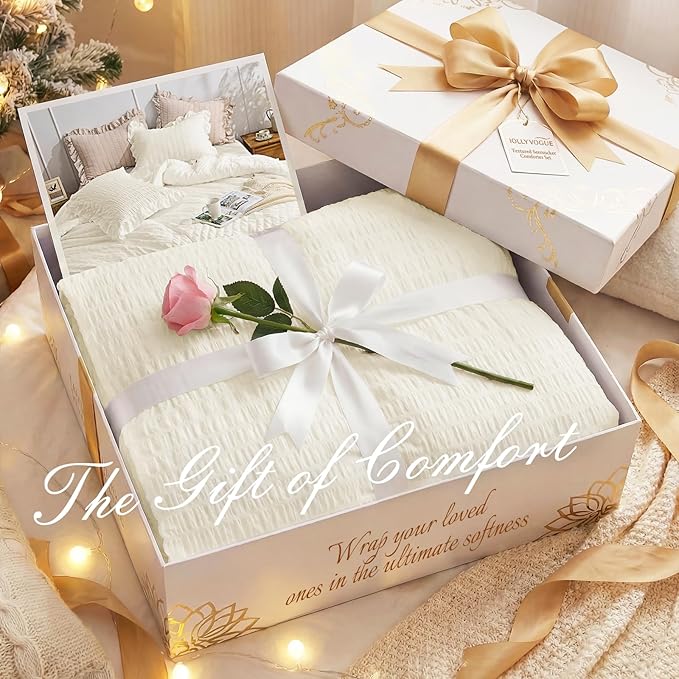 JOLLYVOGUE Ivory King Comforter Set, 3 Pieces Seersucker Comforters King Size - Image 9
