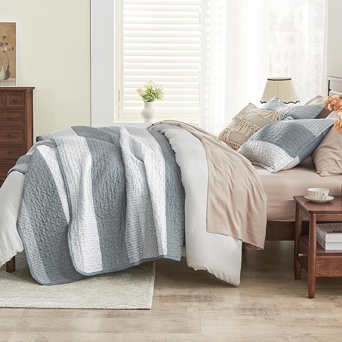 Andency Grey Striped Quilt Queen, 3 Pieces Patchwork Bedspread Coverlet Set - Image 3
