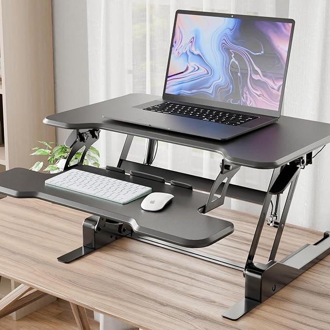 Mount-It! Height Adjustable Standing Desk Converter, Compact 30” Wide Tabletop Standing Desk Riser with Gas Spring, Desktop Stand Up Workstation with Keyboard Tray Fits Monitor or Laptop, Black-DeskoryOffice