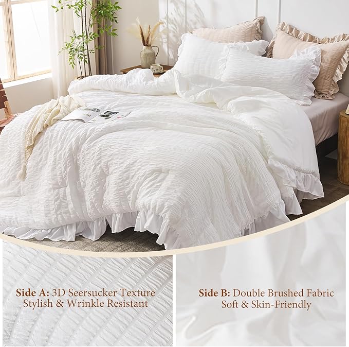 JOLLYVOGUE White Comforters Queen Size, 3 Pieces Ruffle Seersucker Queen - Image 5