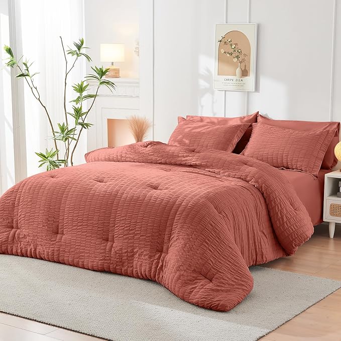 HYMOKEGE Coral Twin Comforter Set Seersucker 5 Pieces, All Season Luxury Bed in - Image 8