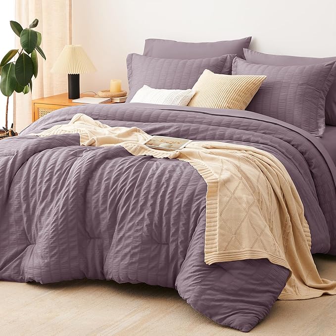 CozyLux Queen Comforter Set Dusty Purple Seersucker 7 Pieces Bed in a Bag Queen by CozyLux