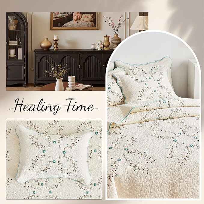 ROOMLIFE Quilt Set Queen Size 3D Floral Embroidery Pattern 3-Piece Cotton - Image 7