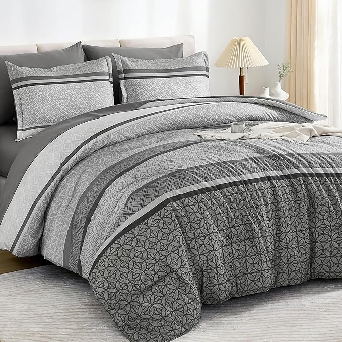 WONGS BEDDING Grey Comforter Set Queen Size, 7 Pieces Striped Bed in a Bag - Image 3