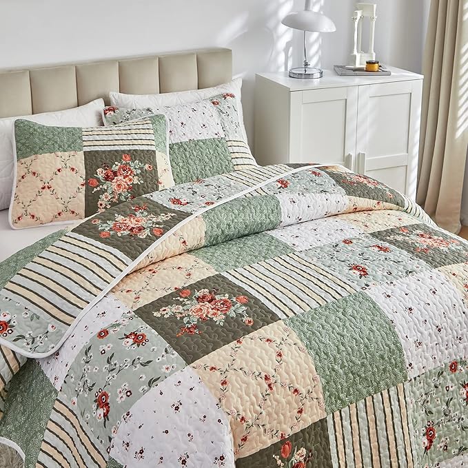 Patchwork Quilt Set California King Size, 3 Pieces Green Floral Plaid Summer - Image 4