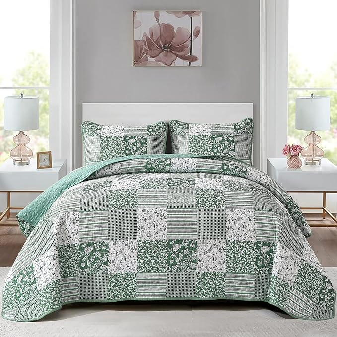 Mybedsoul Green Quilt Set Twin Size, 2 Pieces Plaid Floral Bedspread Set by Mybedsoul