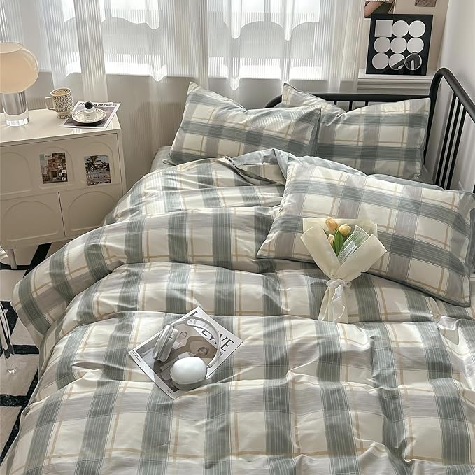 mixinni Green Grid Duvet Cover Set Queen - Image 2