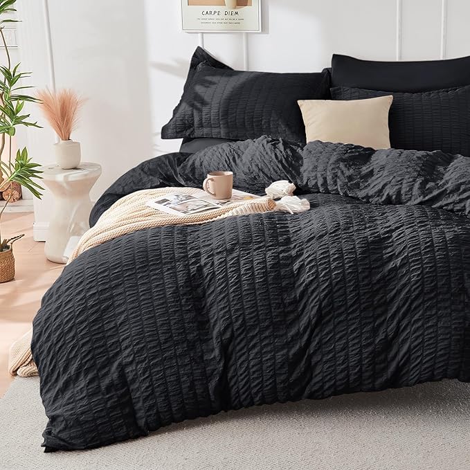 HYMOKEGE Black Oversized Queen Comforter Set Seersucker 7 Pieces, All Season - Image 2