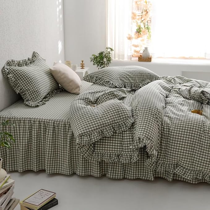 mixinni Green Gingham Ruffle Duvet Cover Twin XL Size 3 Pieces – 100% Washed - Image 4