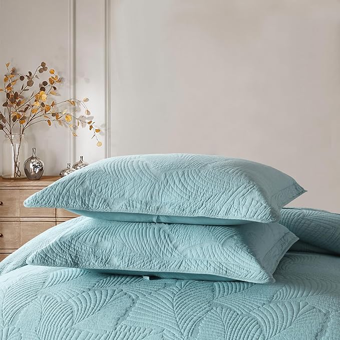 ROOMLIFE King Quilt Set Palm Leaves Pattern 3 PCS 100% Cotton Soft Breathable - Image 5