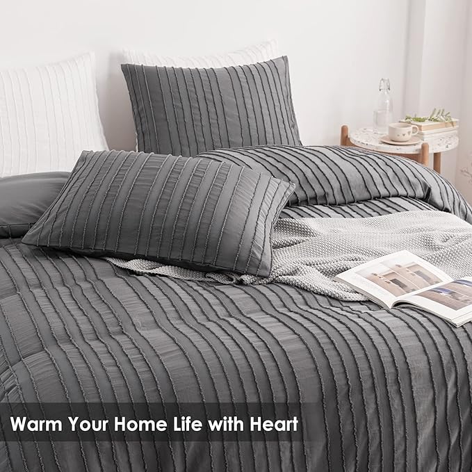 WARMDERN Gray Boho Duvet Cover Set King Size, Striped Textured Duvet Cover - Image 9