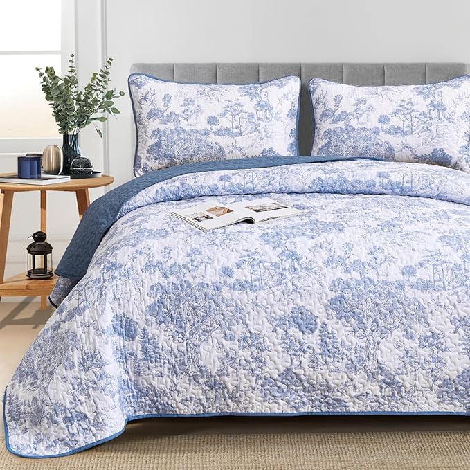 WONGS BEDDING Blue Quilt Set Full Size, 3 Pieces Botanical Bedspreads Set - Image 7