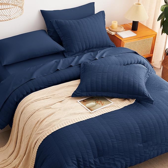 CozyLux King Size Comforter Set Navy Blue Seersucker 7 Pieces Bed in a Bag King - Image 6