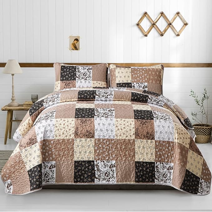 Mybedsoul Brown Patchwork Quilt Set California King Size, 3 Pieces Khaki Floral by Mybedsoul
