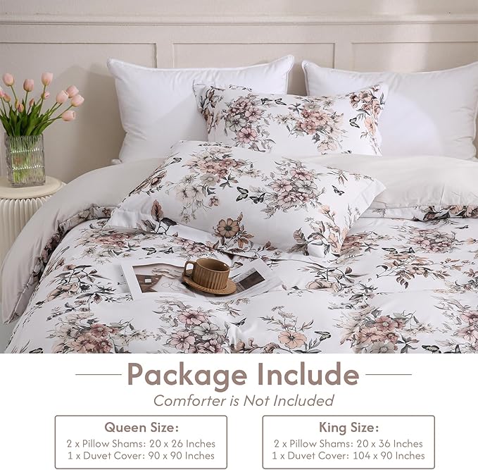 LONAVA King Floral 3 Pcs Duvet Cover Set, Breathable Soft Microfiber Light Grey - Image 6