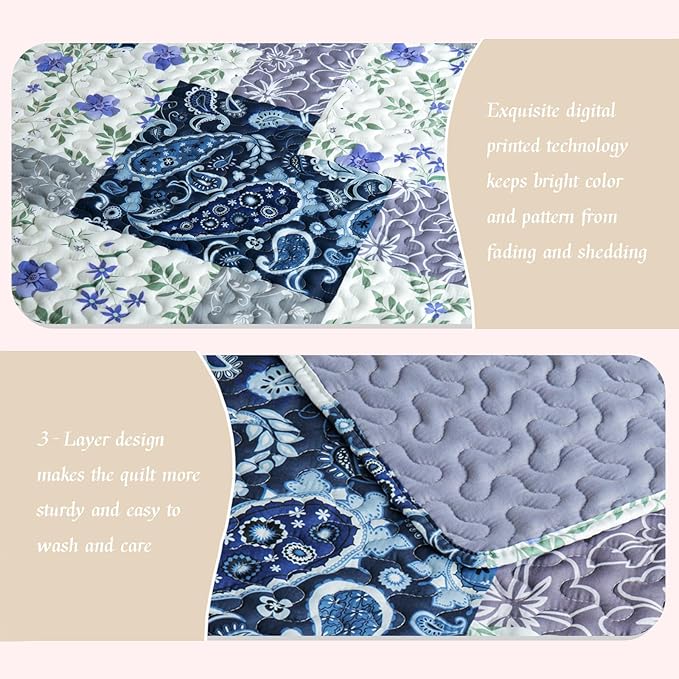 Whale Flotilla Patchwork Quilts Queen Size, Soft Boho Floral Bedspreads - Image 4