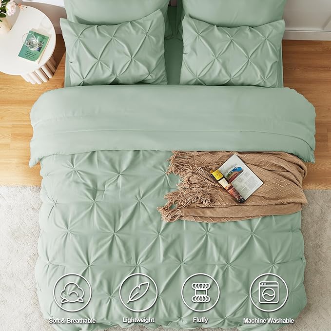 CozyLux King Size Comforter Set Sage Green, 7 Pieces Pintuck Bed in A Bag Green - Image 2