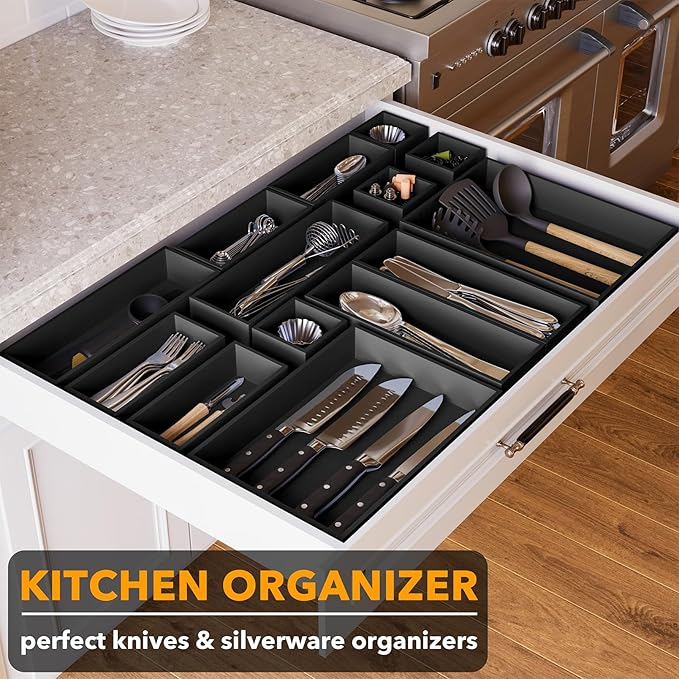 SpaceAid 14-Piece Bamboo Drawer Organizer Storage Boxes Set, Wood Tray Junk Drawer Organizers Multi-Use Divider Bins for Kitchen, Bathroom, Office Desk and Makeup Organization (14 Pack, Black)-DeskoryOffice