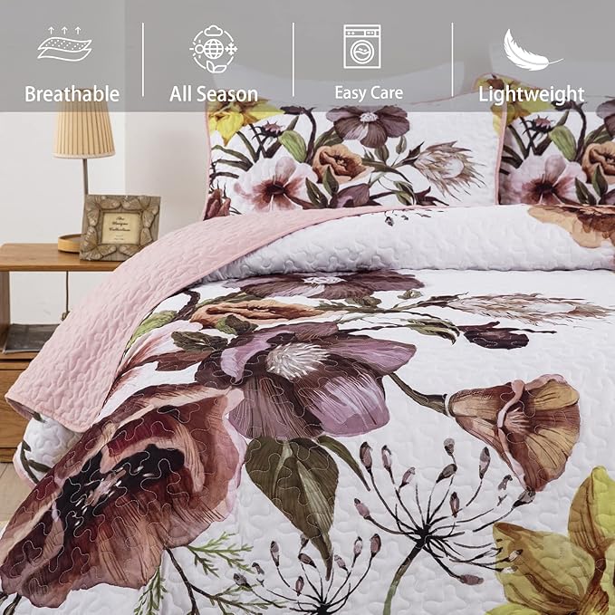 Drucon Floral Quilt Set King 3 Pieces Boho Blush Quilt Coverlet Set Soft - Image 4