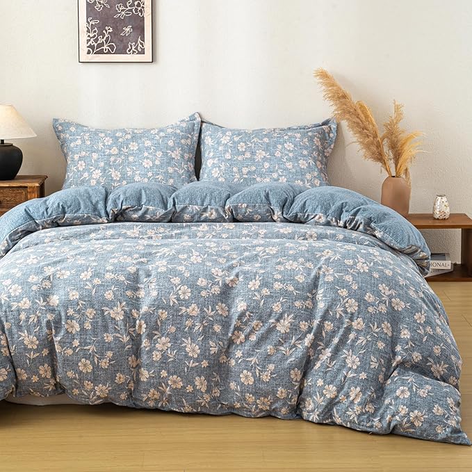 OAITE Blue Flower Twin Size Duvet Cover-3 Pieces Prewashed Cotton-Like by OAITE