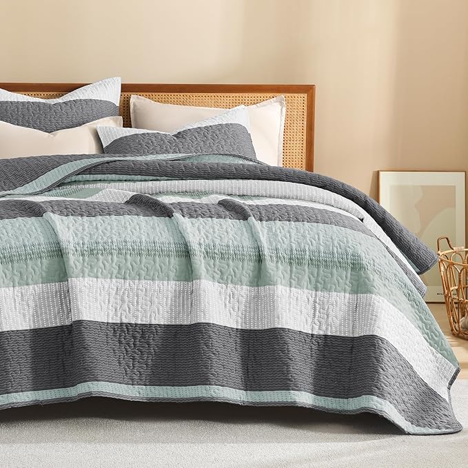 Litanika Oversized Queen Quilt Set Sage Green, 98x98 Stripe Bedspread Coverlet - Image 8