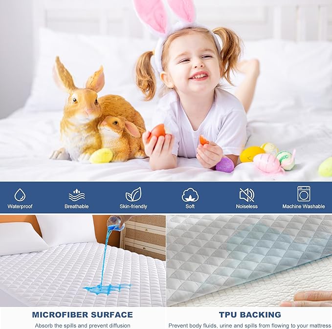 GRT Queen Waterproof Mattress Pad, 100% Waterproof Quilted Fitted Mattress - Image 3