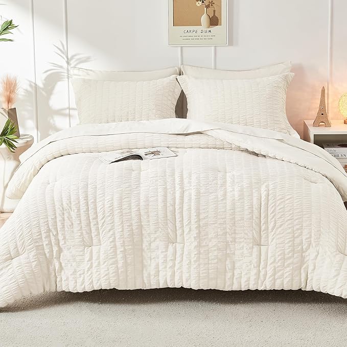 HYMOKEGE Ivory Full Size Comforter Sets Seersucker 7 Pieces, All Season Luxury - Image 9