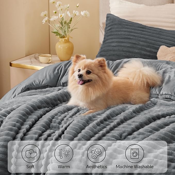 BEDELITE Fleece Twin Comforter Set -Super Soft & Warm Fluffy Grey Bedding - Image 3