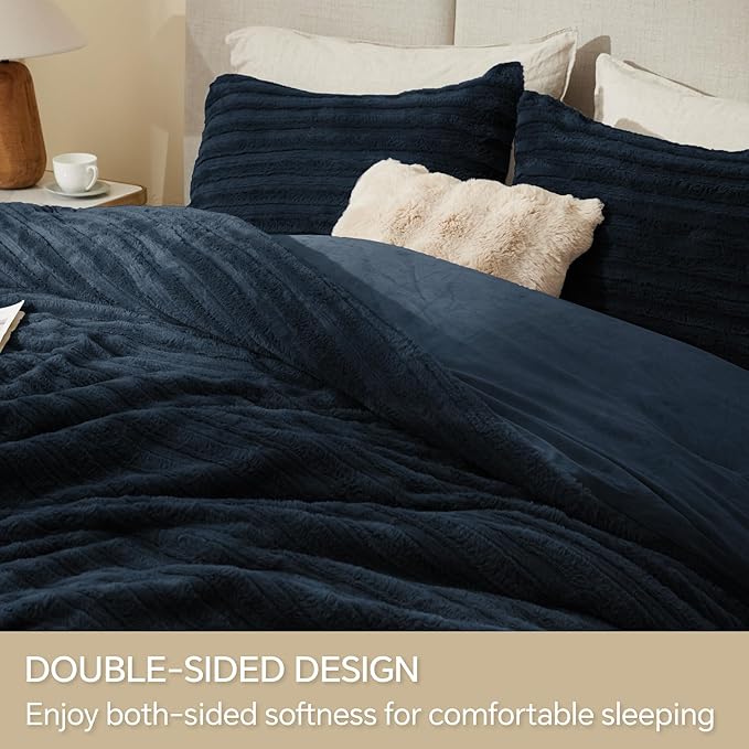 BEDELITE Fleece Queen Comforter Set -Super Soft & Warm Fluffy Navy Faux Fur - Image 4