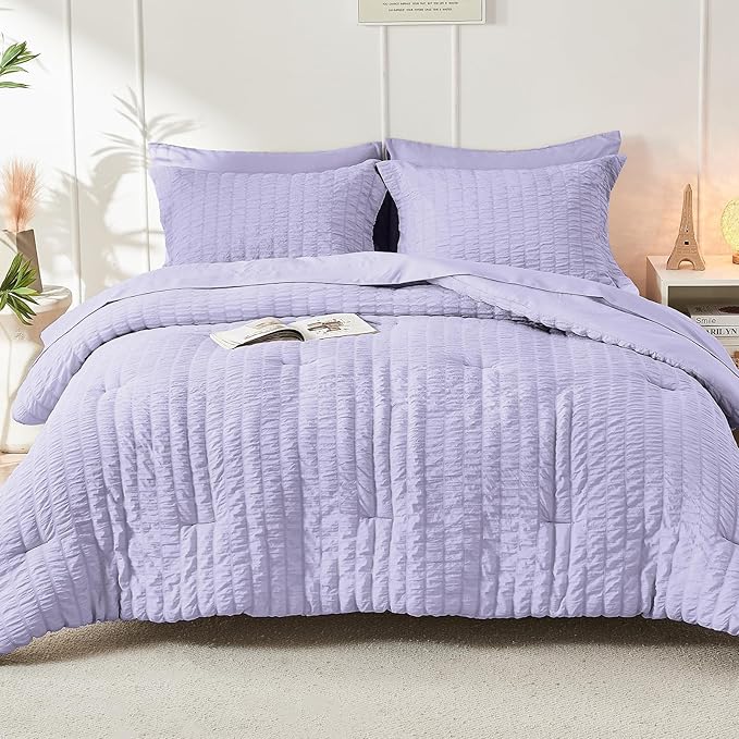 HYMOKEGE Light Purple California King Comforter Set Seersucker 7 Pieces - Image 9