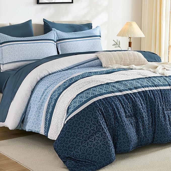 WONGS BEDDING Navy Blue Queen Comforter Set 7 Pieces, Boho Striped Bed in a Bag by WONGSBEDDING
