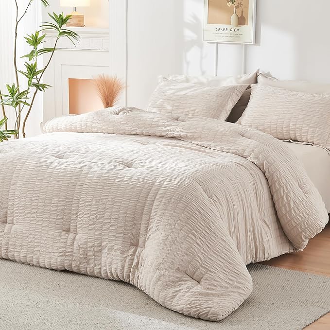 HYMOKEGE Beige Queen Comforter Set Seersucker 7 Pieces, All Season Luxury Bed - Image 8