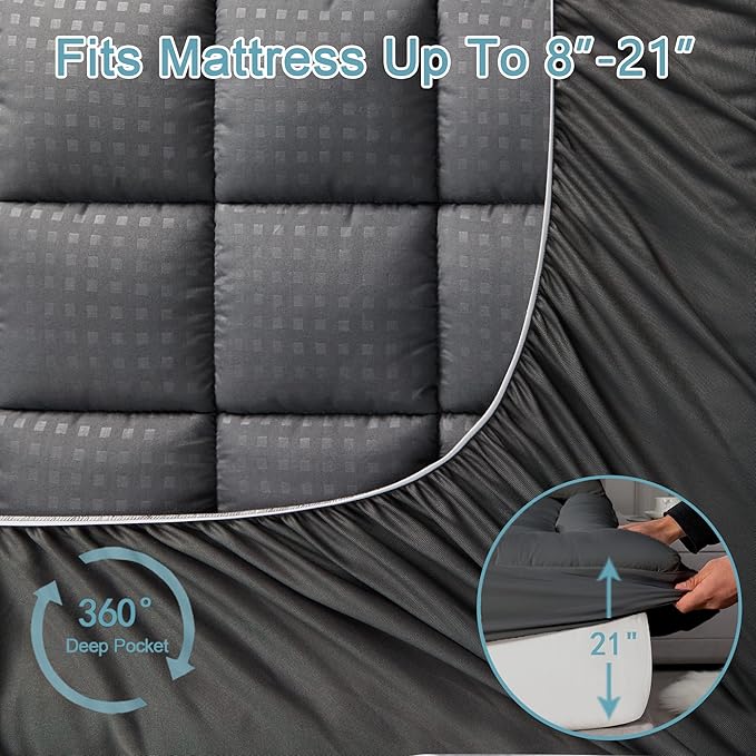 HYLEORY Full XL Mattress Pad Quilted Fitted Mattress Protector Cooling Pillow - Image 5