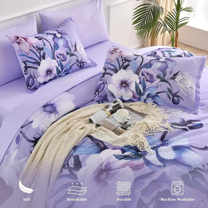 Luxudecor Lavender Purple Floral Comforter Set Queen Size 7 Piece, Flower Bed - Image 4