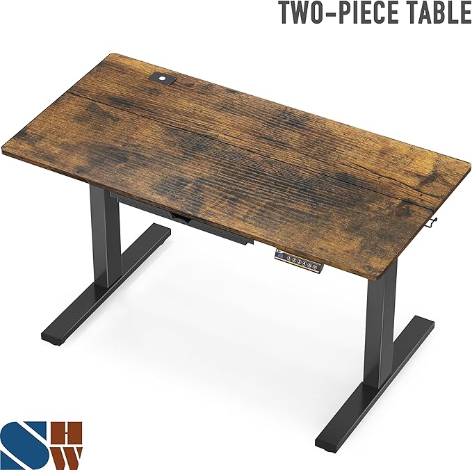 SHW 48-Inch Electric Height Adjustable Standing Desk with Drawer, Memory Preset and Cable Management Tray, Rustic Brown-DeskoryOffice